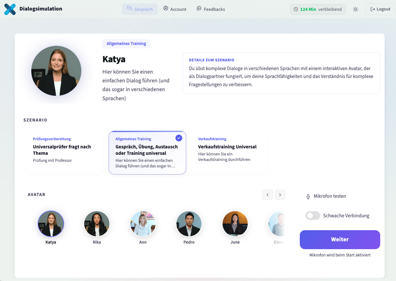Auswahl-Menü der Plattform: Katya als Avatar führt Dialoge in verschiedenen Sprachen, mit drei Szenarien Prüfungssimulation, Allgemeines Training und Verkaufstraining sowie weiteren wählbaren Avataren.